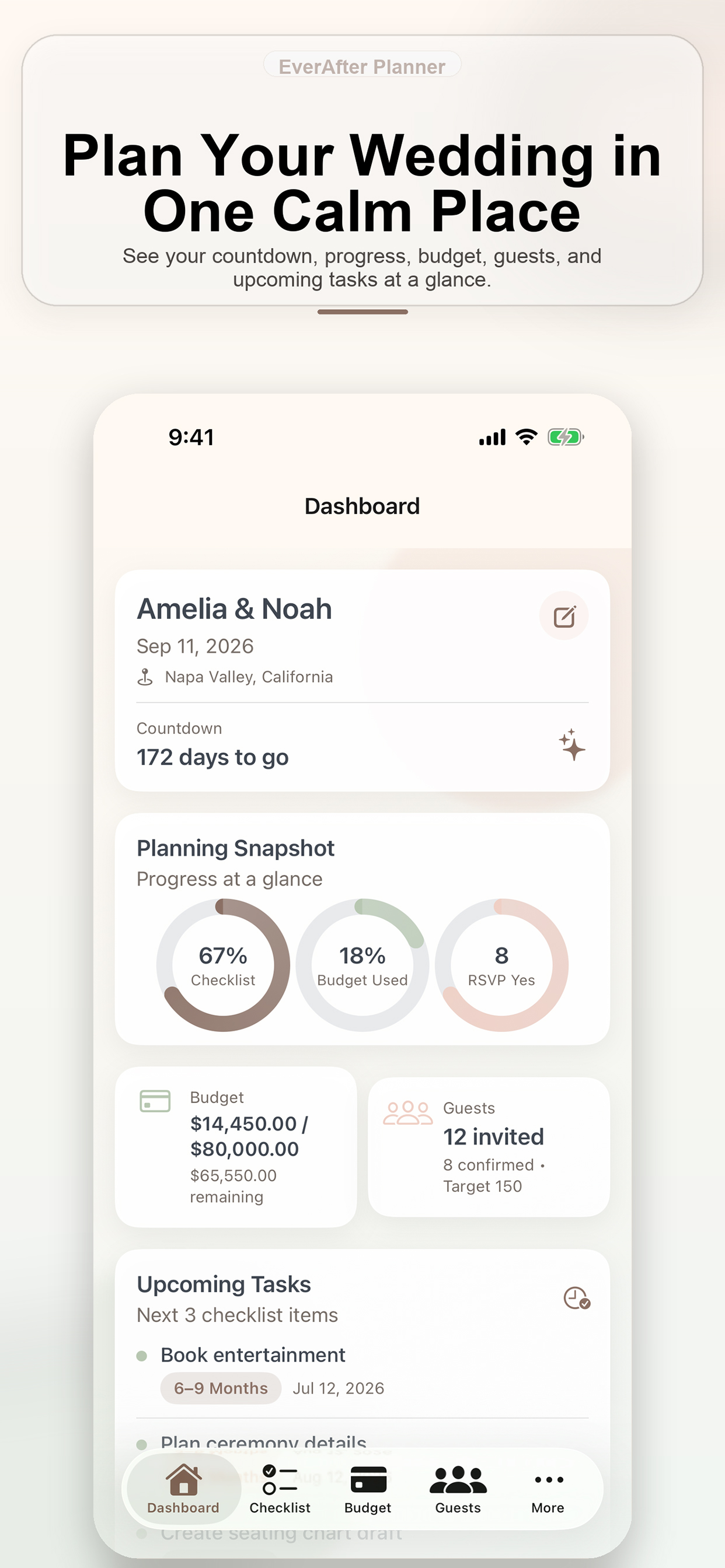 EverAfter Planner dashboard with countdown and planning snapshot
