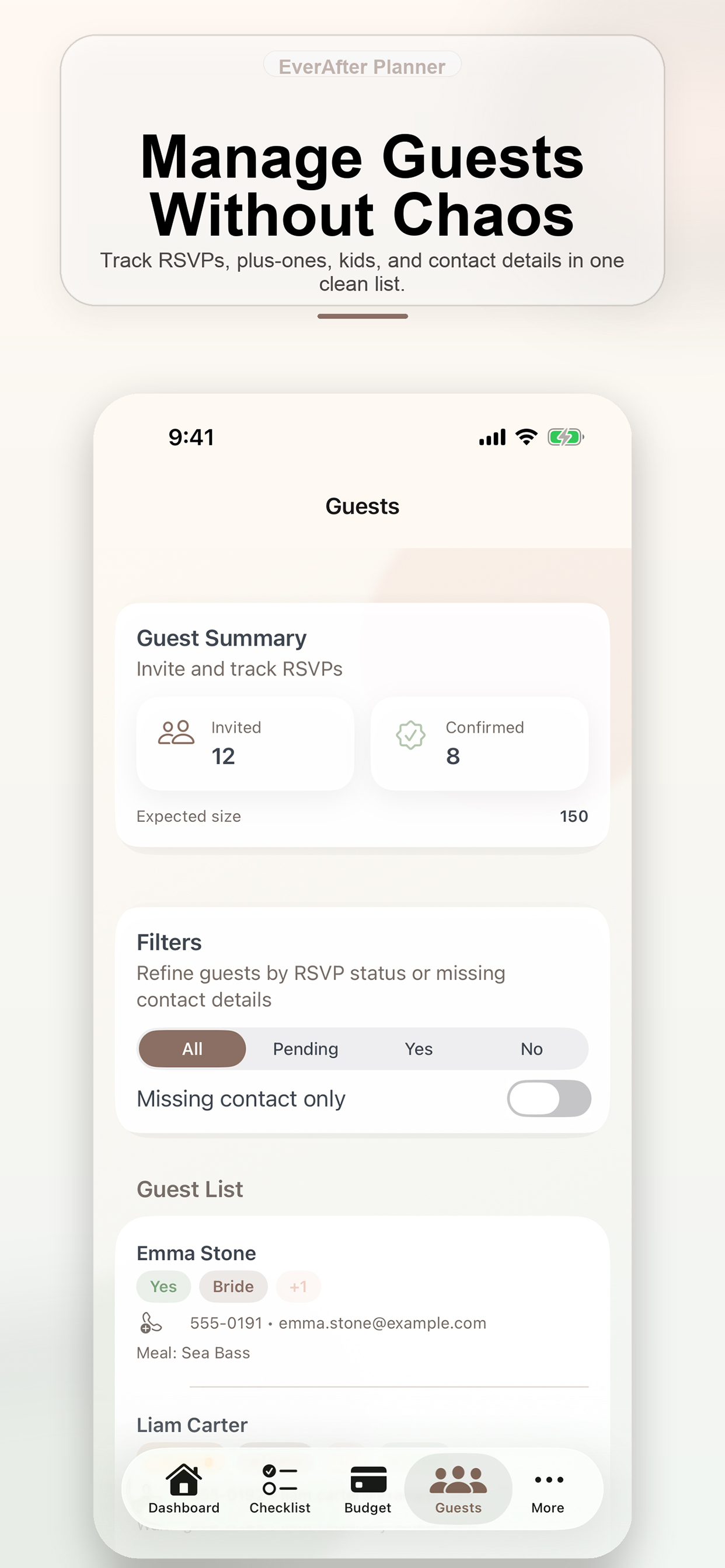 EverAfter Planner guest list and RSVP status management