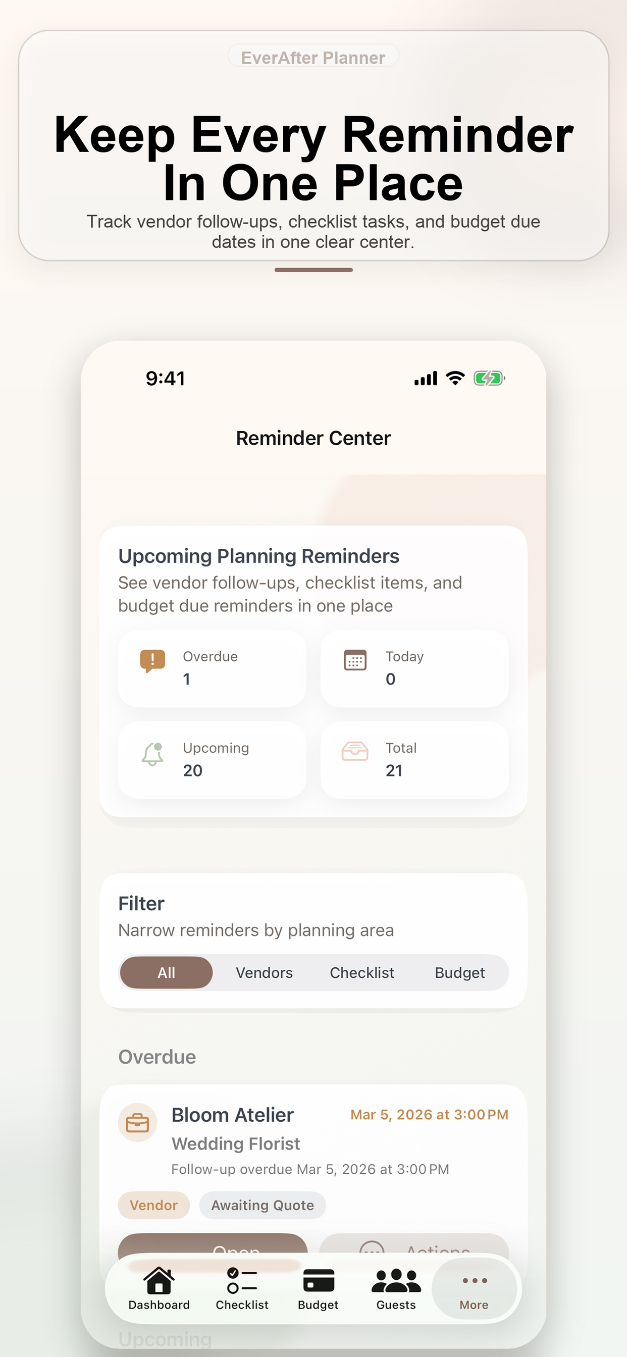 EverAfter Planner reminder center for tasks and due dates