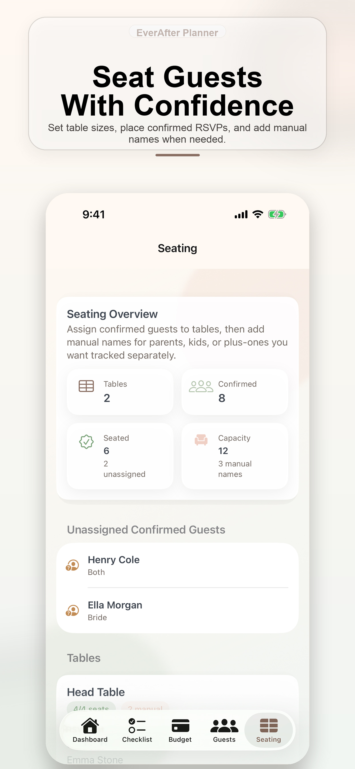 EverAfter Planner seating overview and table assignments