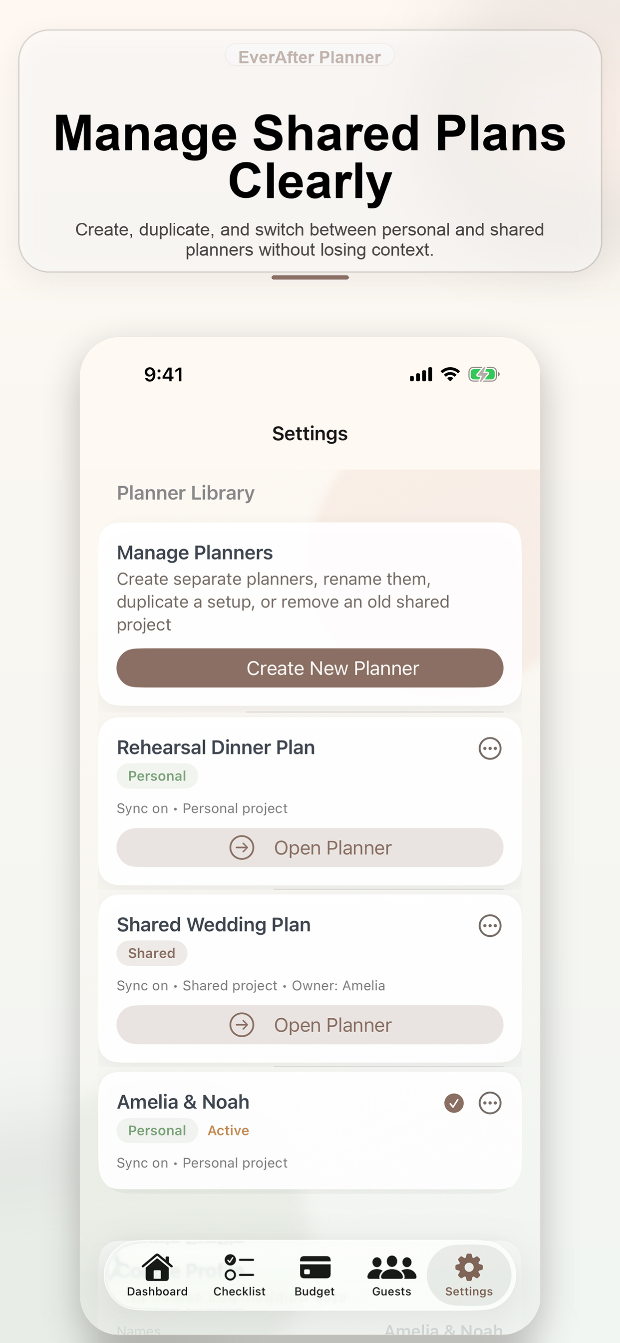EverAfter Planner settings and shared planner management
