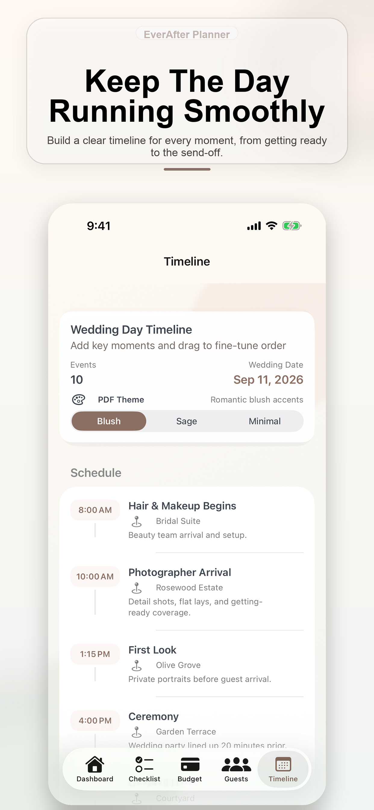 EverAfter Planner wedding day timeline schedule