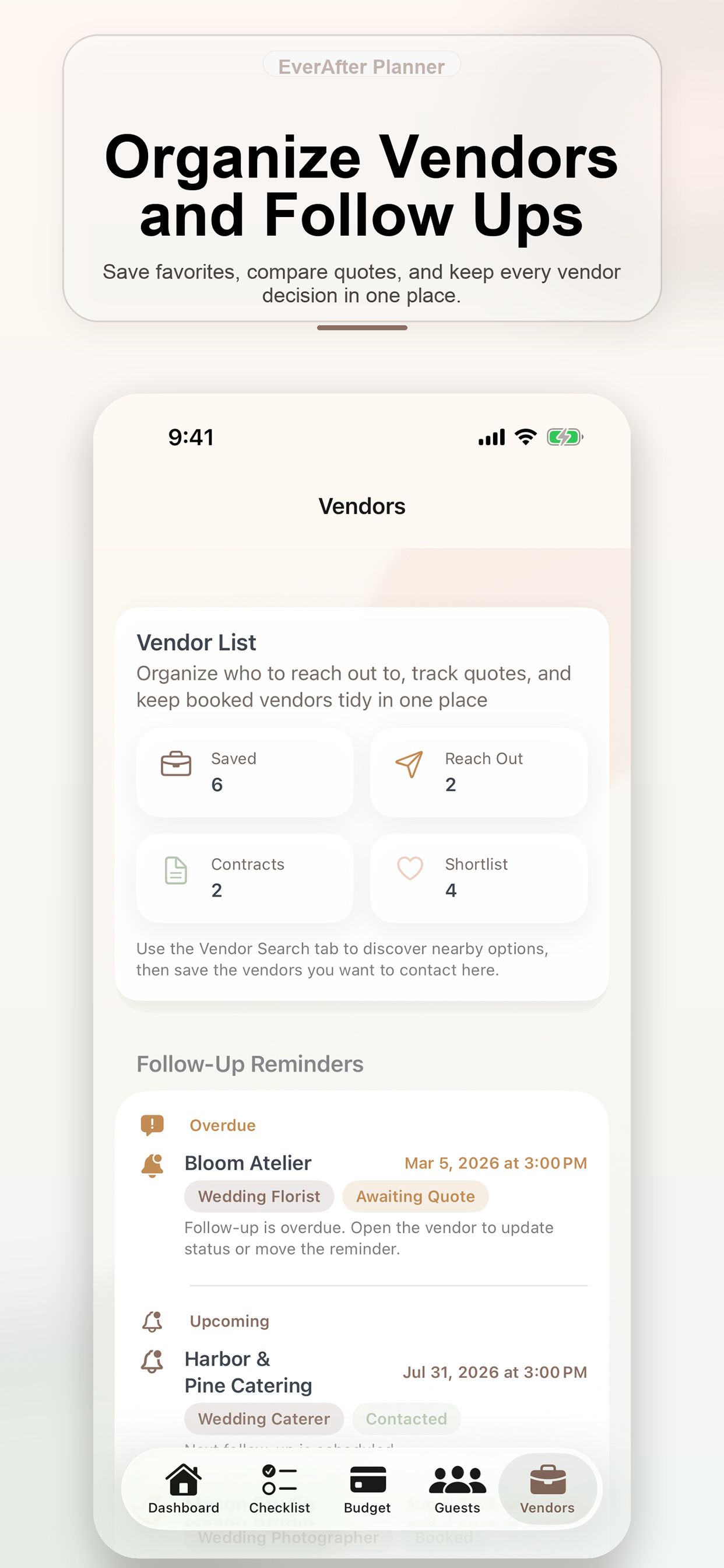 EverAfter Planner vendor organization and follow-up reminders