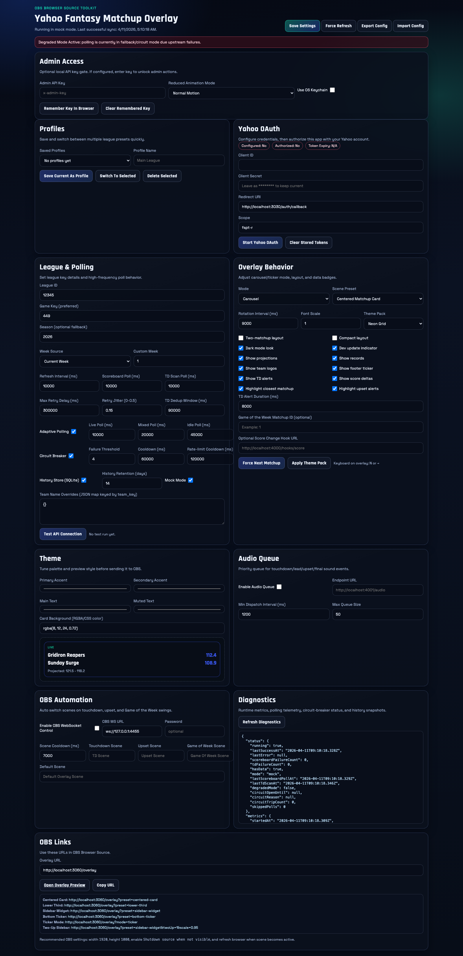 Fantasy Football OBS Overlay admin configuration panel with provider settings and runtime controls