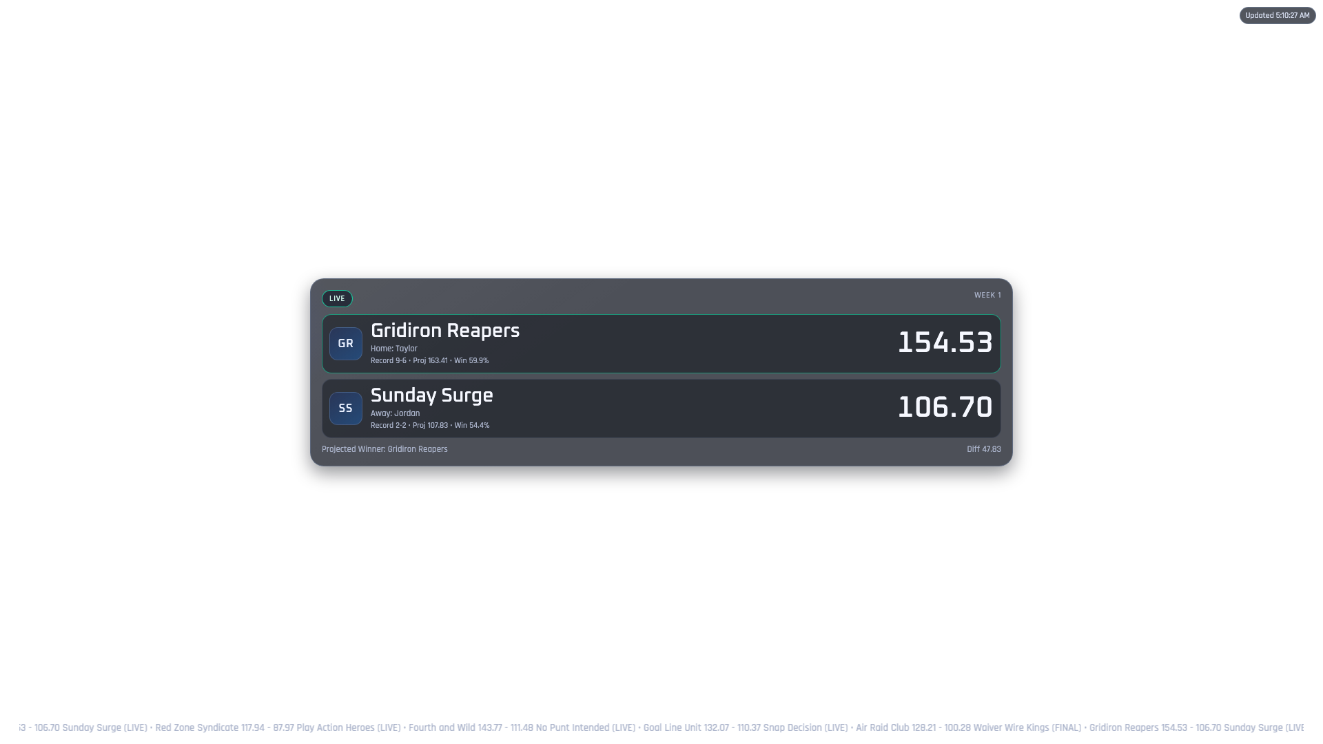 Fantasy Football OBS Overlay centered card scene showing a featured fantasy matchup