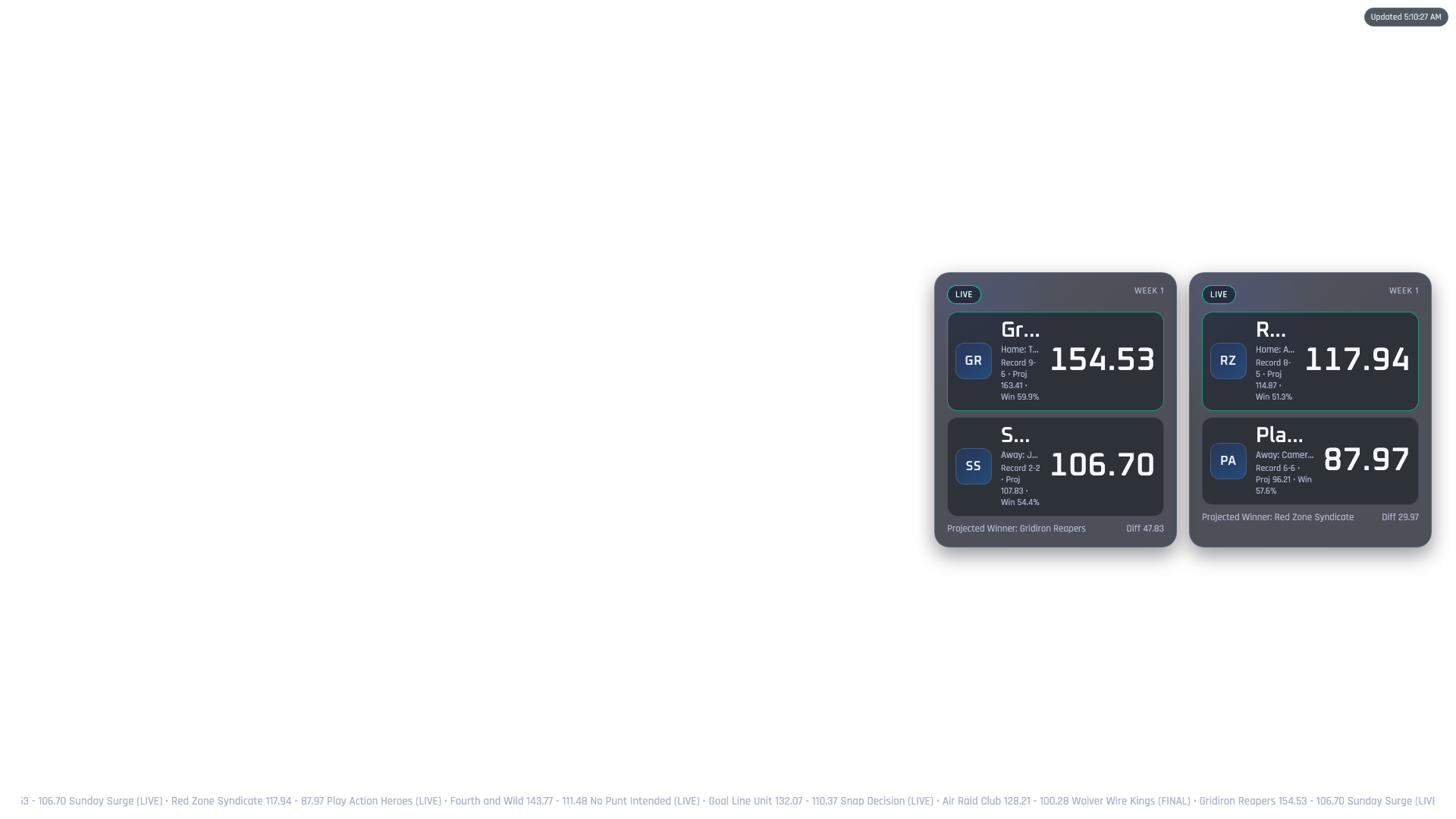 Fantasy Football OBS Overlay sidebar two-up scene with multiple matchups visible at once