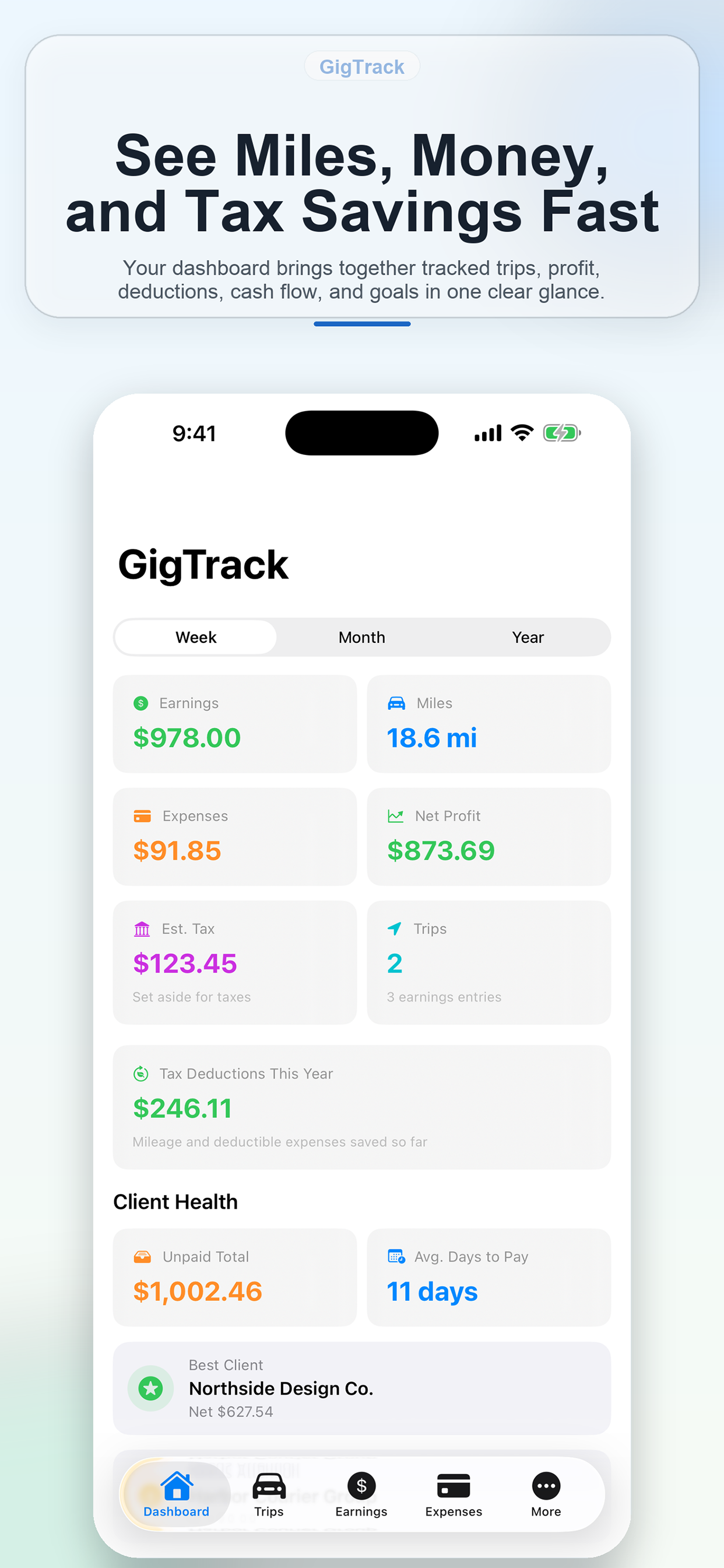 GigTracker dashboard with daily mileage, earnings, and trip activity overview