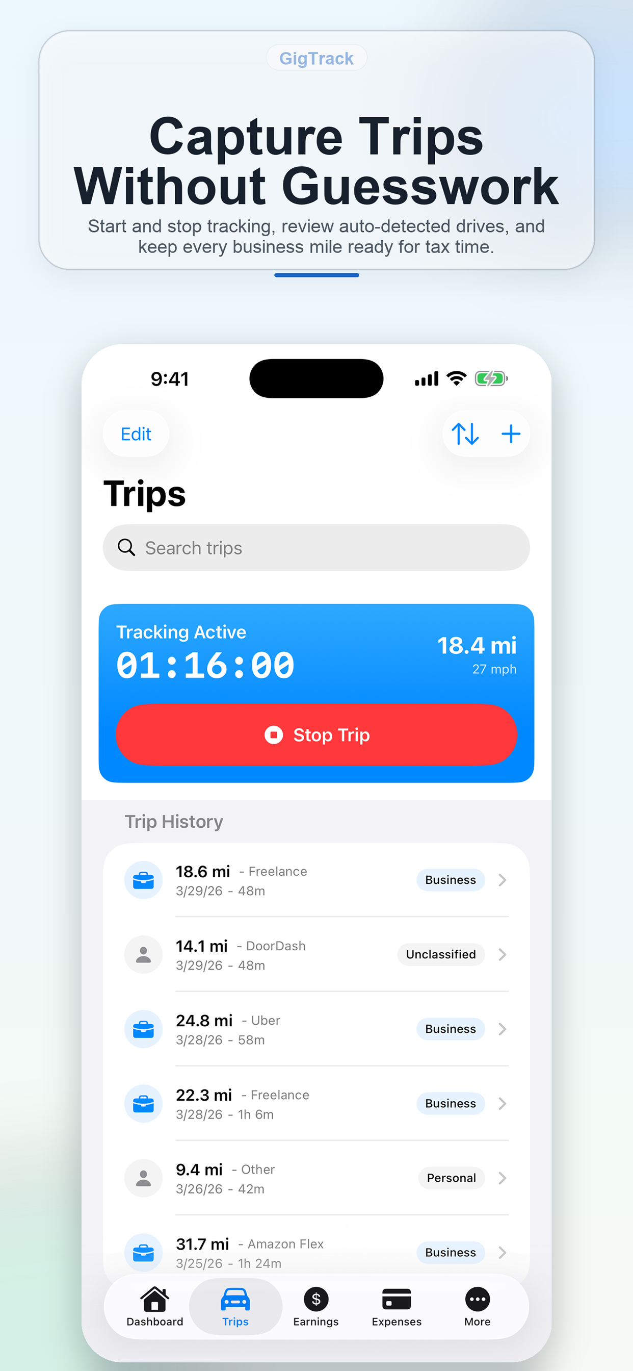 GigTracker trips screen with logged drives and mileage history