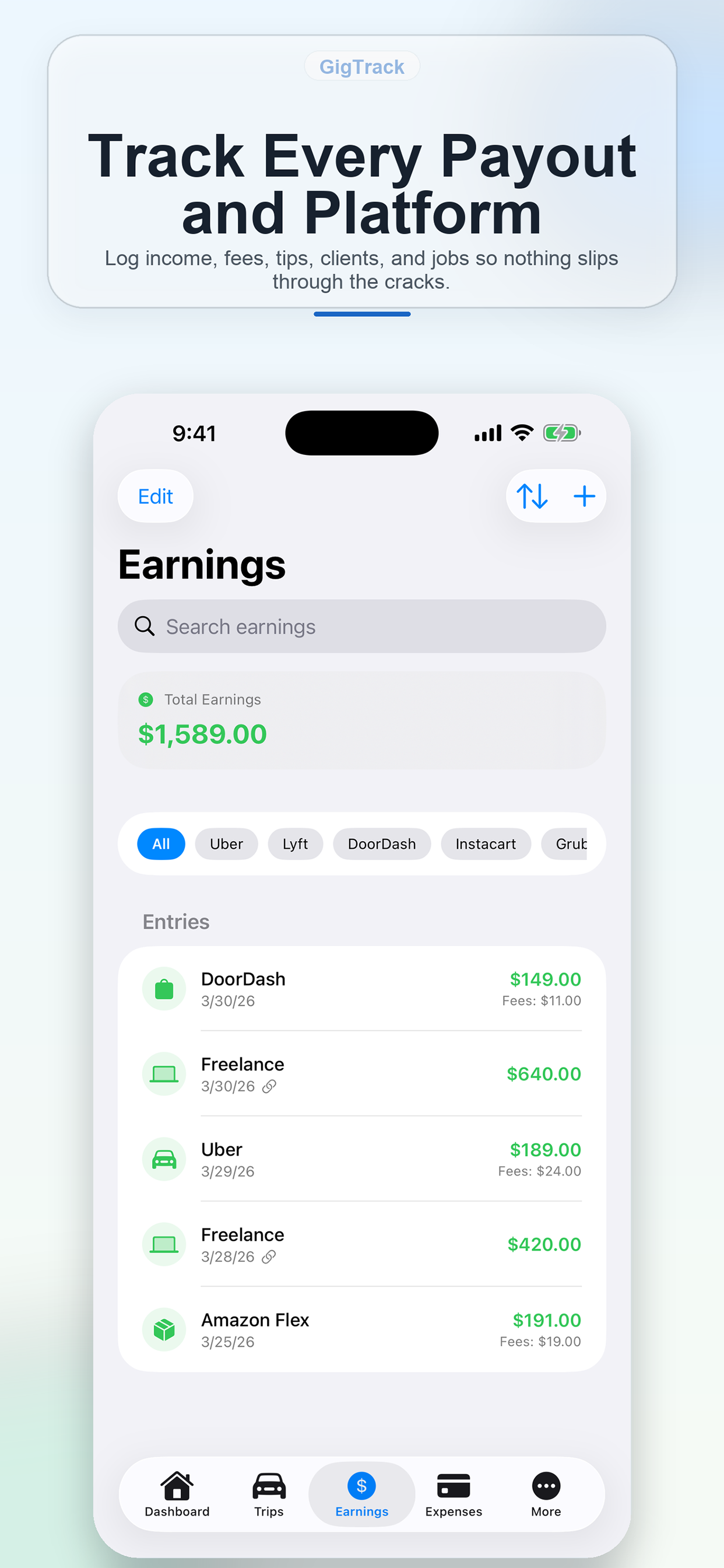 GigTracker earnings screen with payout tracking and performance totals