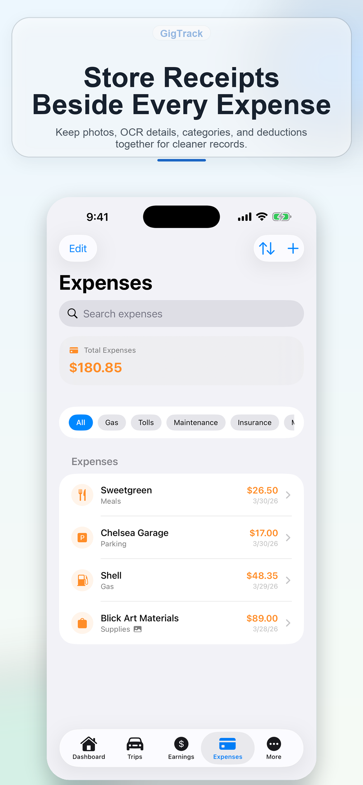 GigTracker expenses screen for tracking costs and receipts
