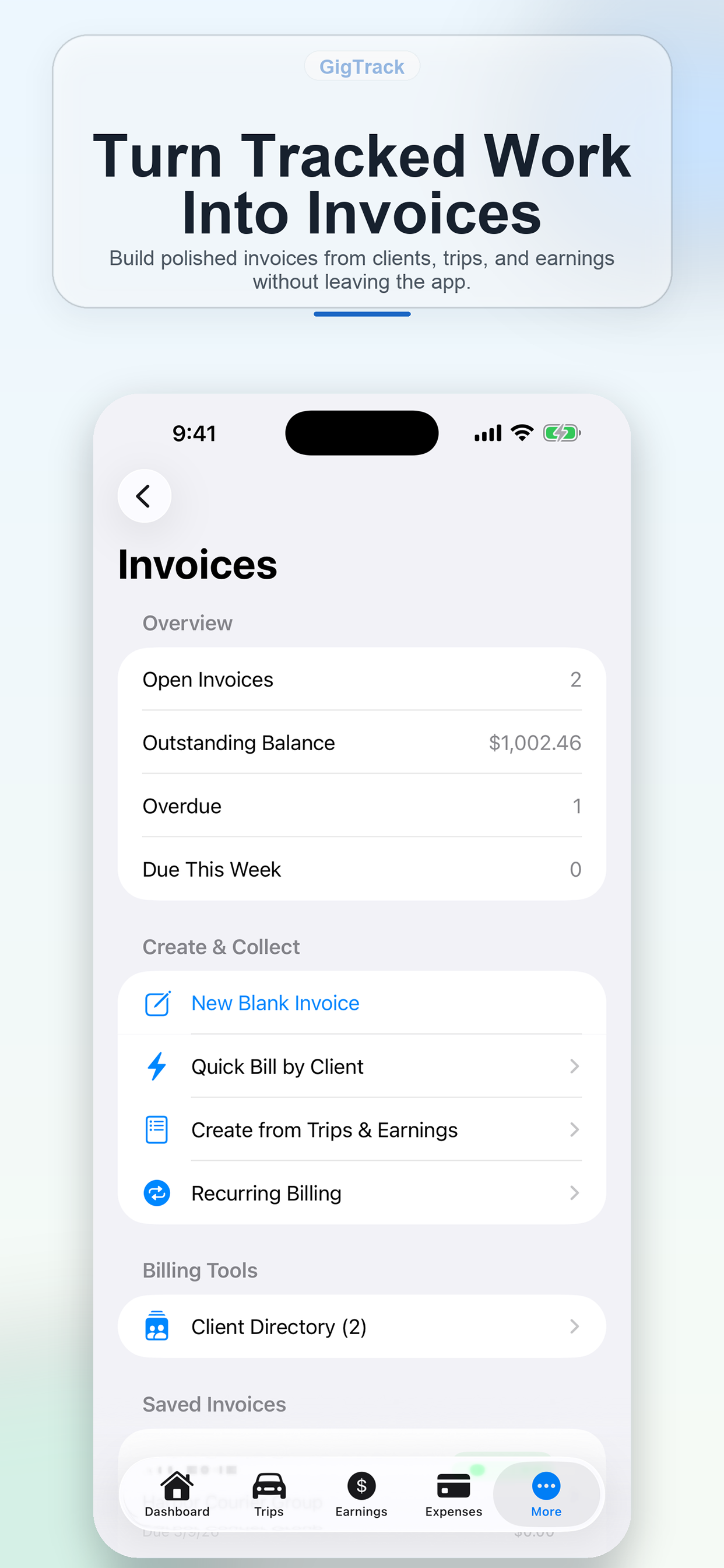 GigTracker invoices screen for drafting and managing client billing