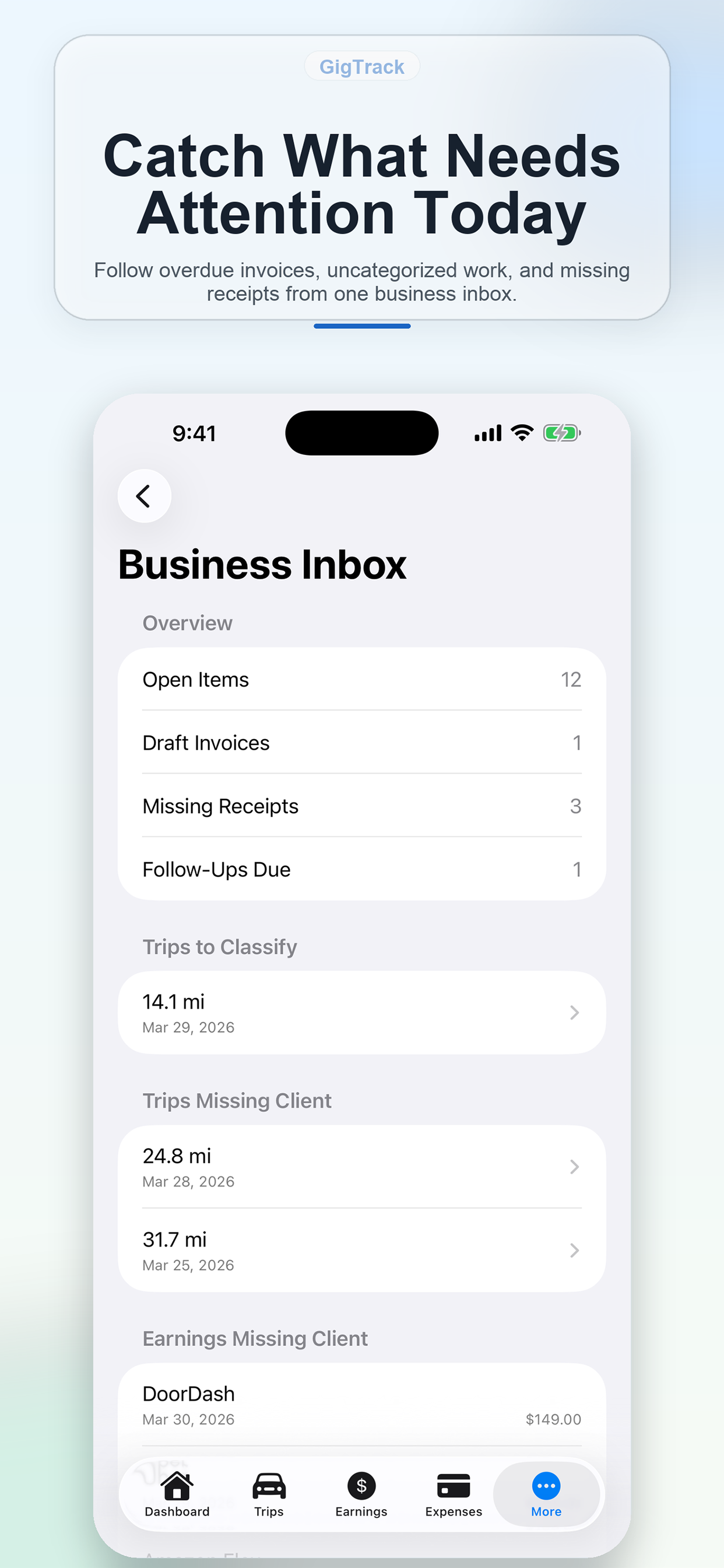 GigTracker inbox surfacing follow-ups, unclassified work, and outstanding tasks