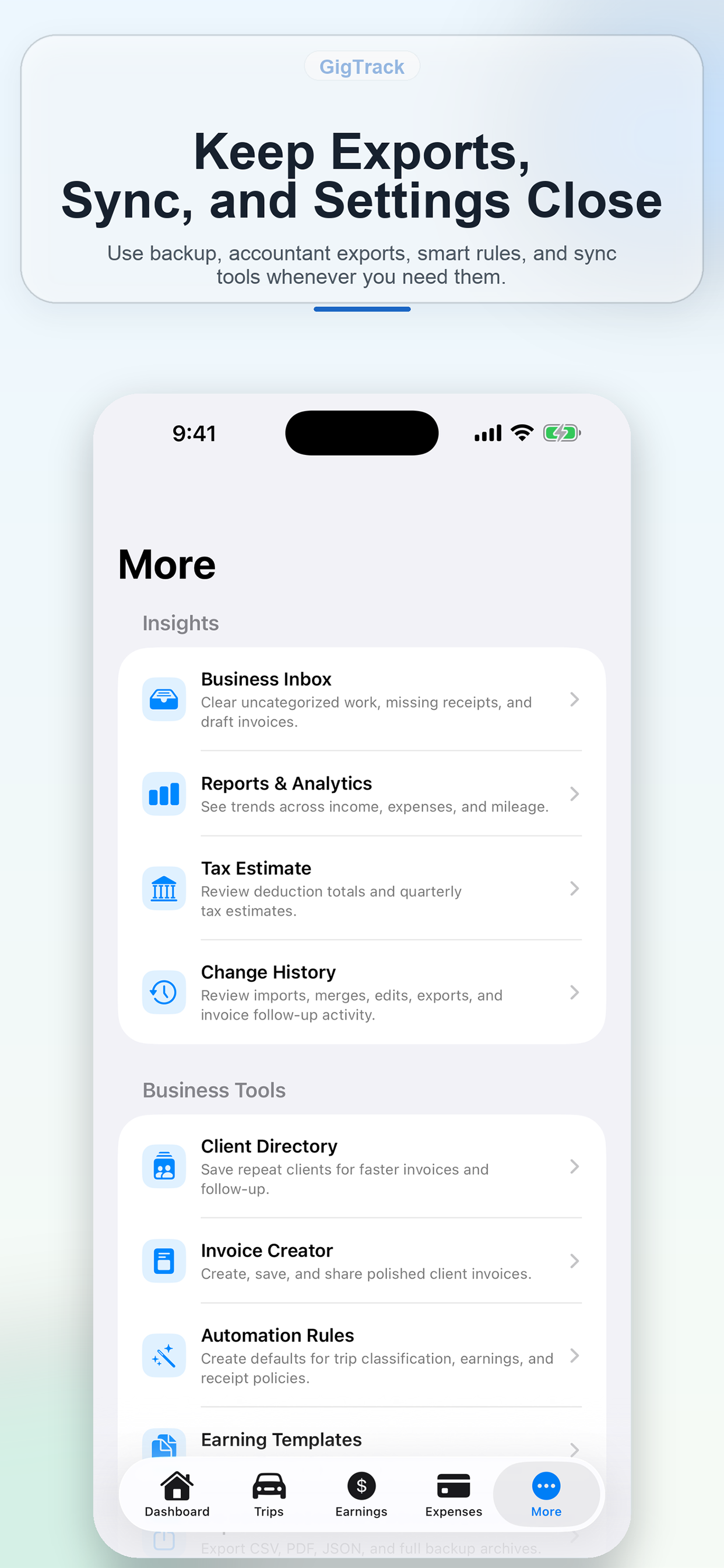 GigTracker more screen with settings, tools, and additional business controls